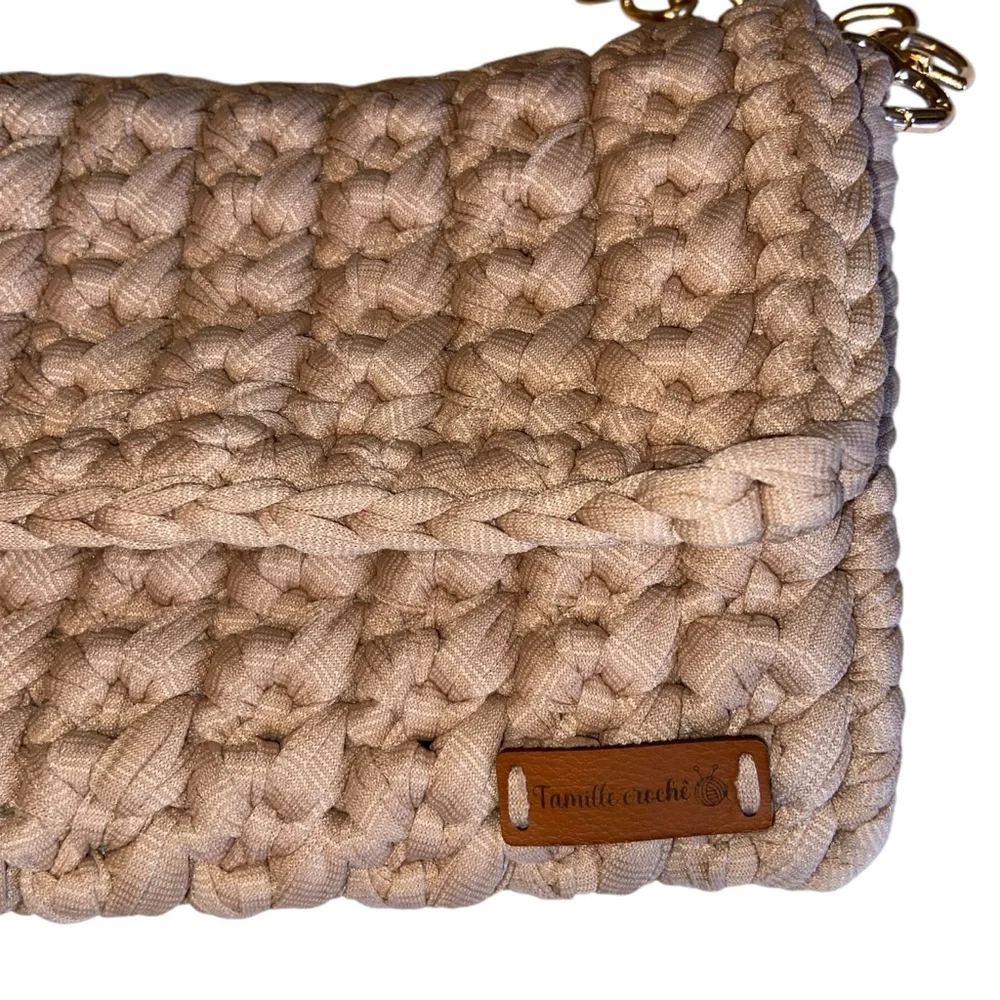 Tamille Crochet Bag Womens Purse Woven Gold Chain Leather Shoulder Strap Beige
